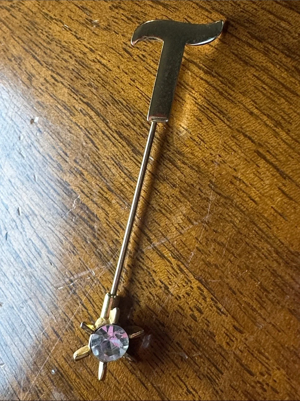 Vintage 80s Avon Gold-Tone Initial T Crystal Stick Pin Brooch